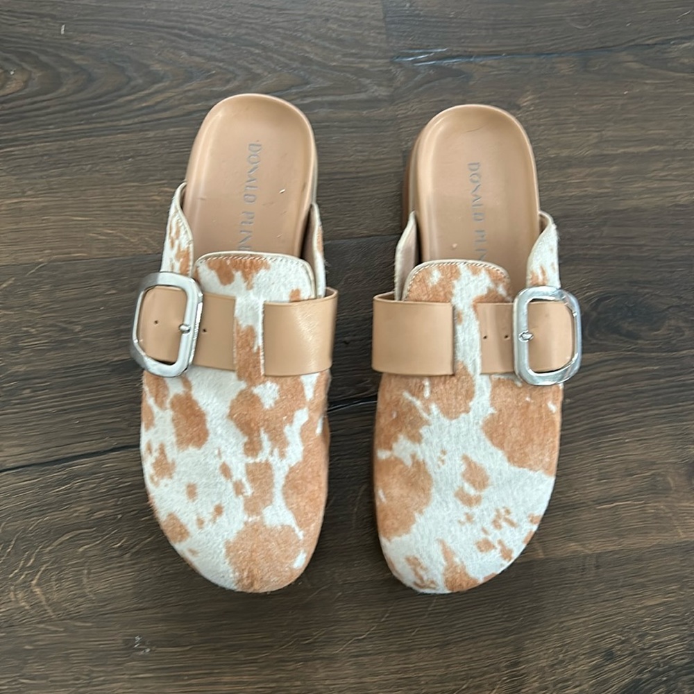 Donald Pilner calf hair cow print platform mules